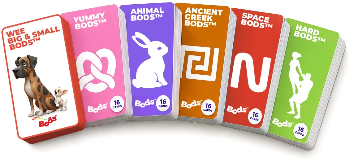 Six Bods decks fanned out: Wee Big & Small, Yummy, Animal, Ancient Greek, Space and Hard Bods.