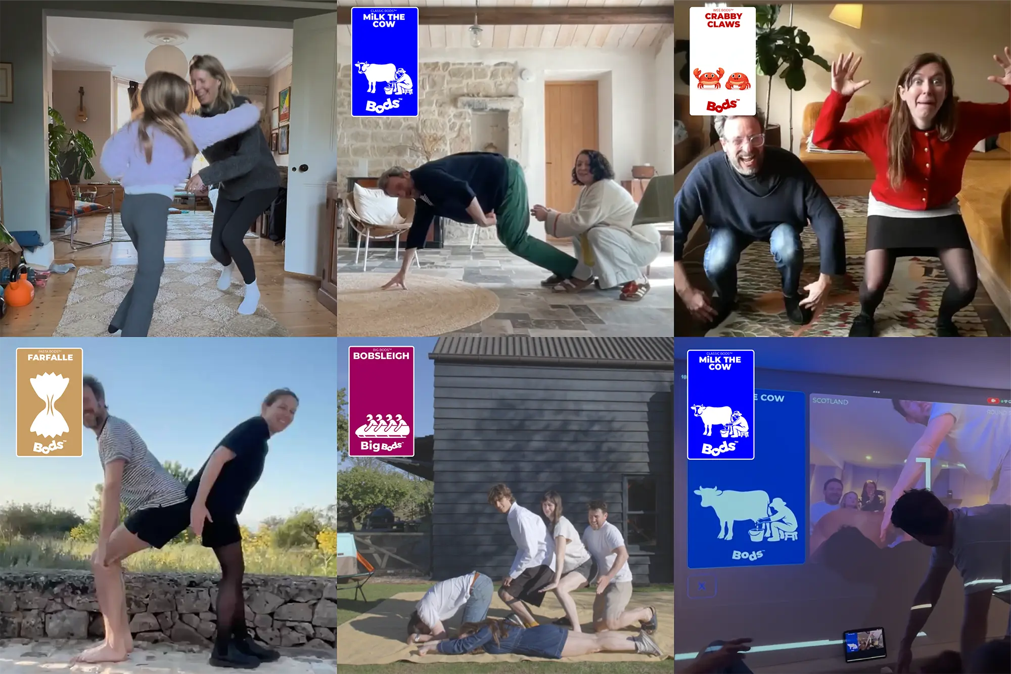 Six real Bods attempts: pairs and groups of players mid-shape in living rooms and gardens, each with the card they were dealt — Milk The Cow, Crabby Claws, Farfalle, Bobsleigh